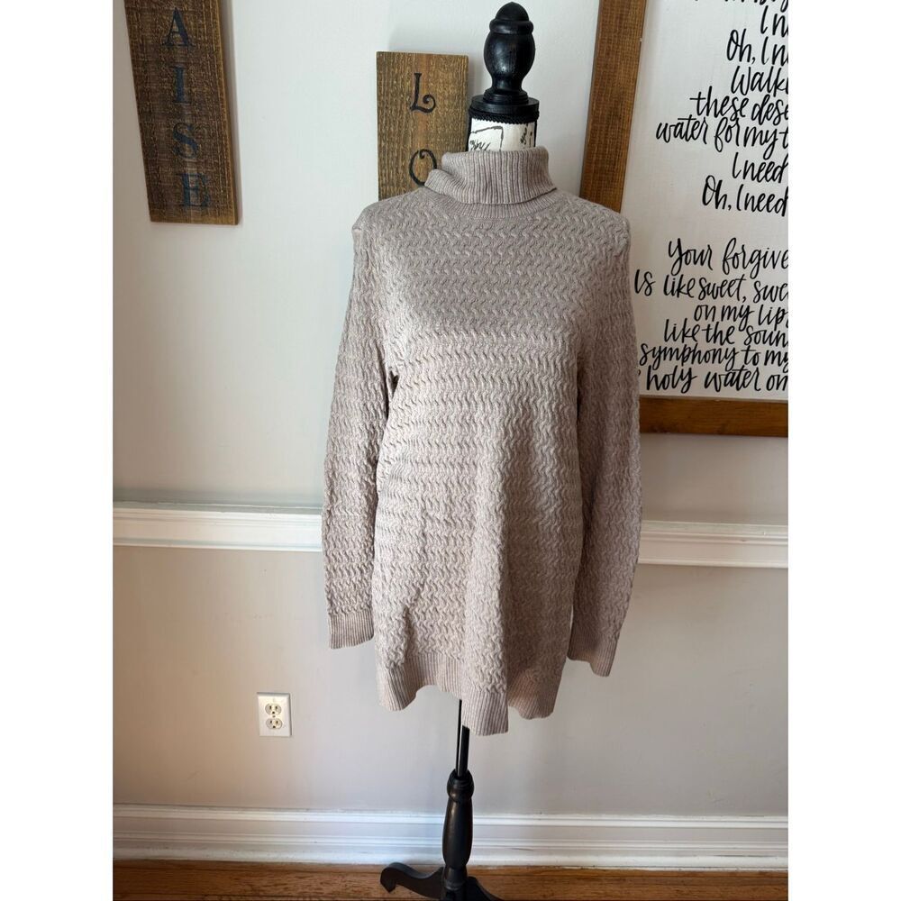 Lands' End Women's Basket-Weave Cable-Knit Turtleneck Tunic Sweater Beige Medium